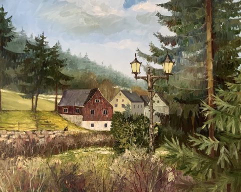 Ölbild von Anna Haag mit einer winterlichen Ansicht von Seiffen im Erzgebirge