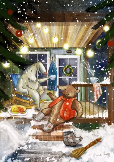 Atmosphärische Winterillustration mit zwei Bären, gestaltet von Anna Haag