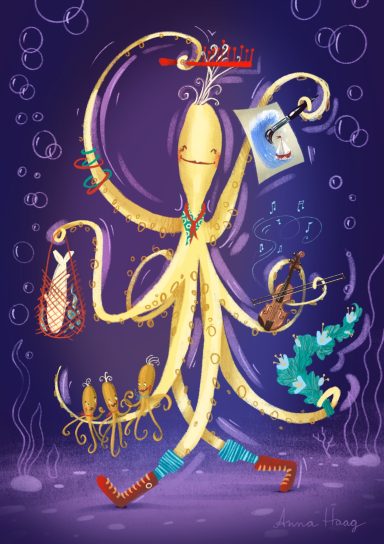 Verspielte Illustration eines siebenarmigen Oktopus, erstellt von Anna Haag für einen Zeichenmarathon